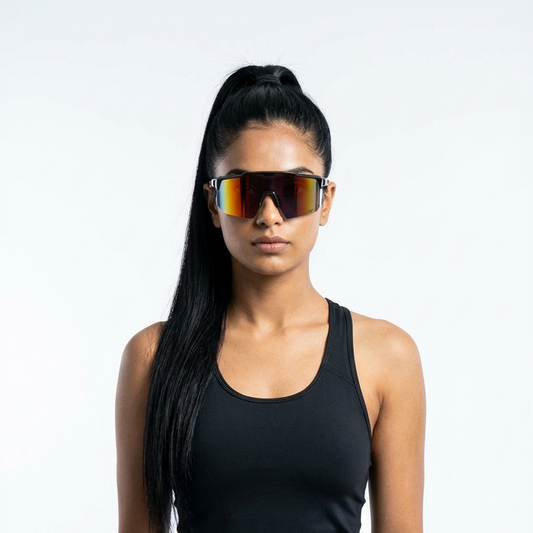 vrouw met sportbril speedlens rood