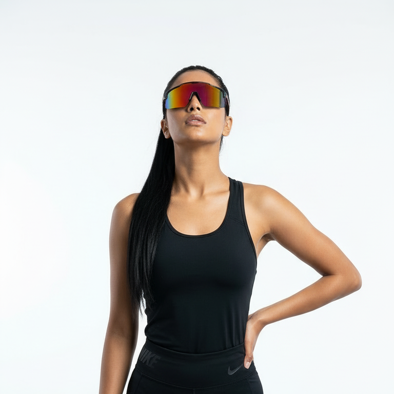 vrouw met sportbril speedlens rood alpix eyewear