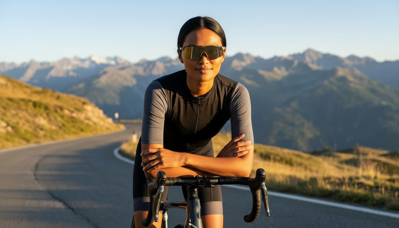 vrouw op wielrenfiets kijkt rechts in cmera met alpix eyewear bril