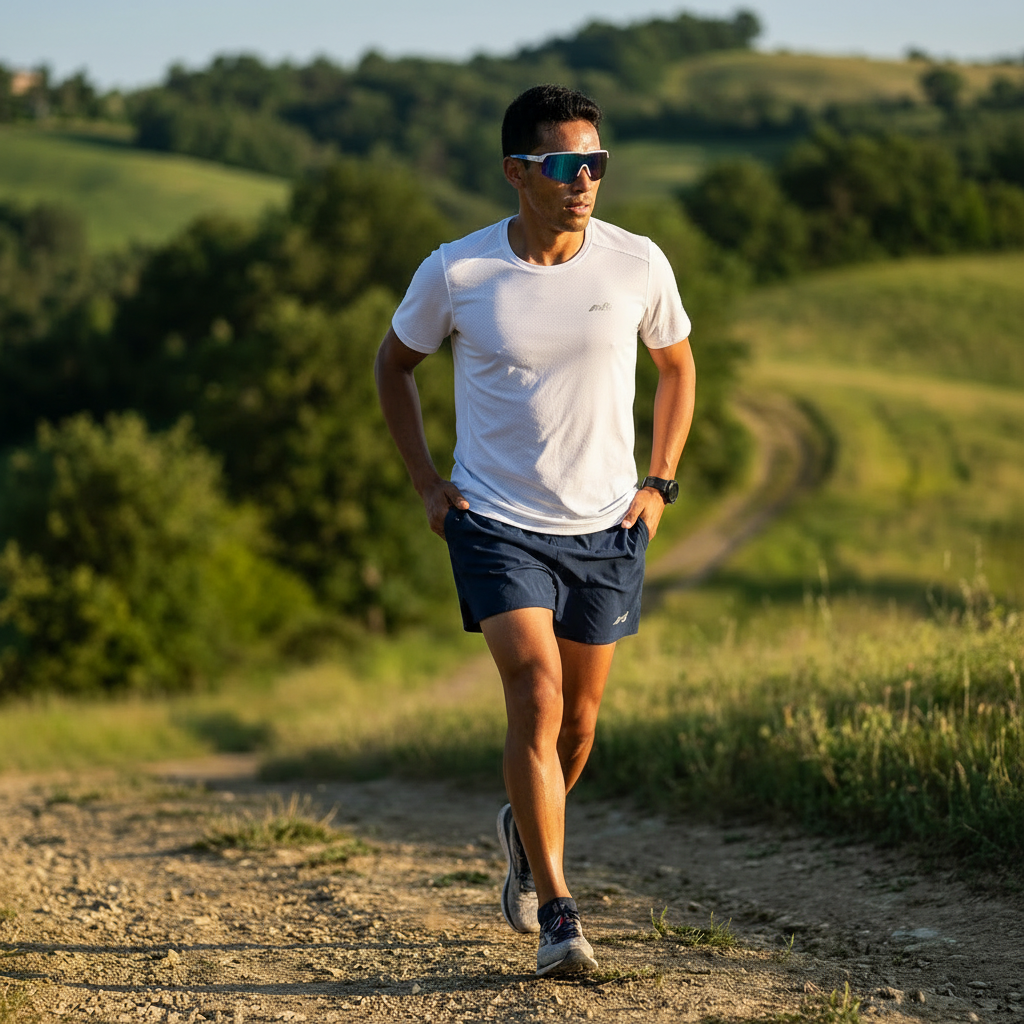 Trailrunner met Alpix sportbril op zonovergoten heuvelroute tijdens outdoor training.