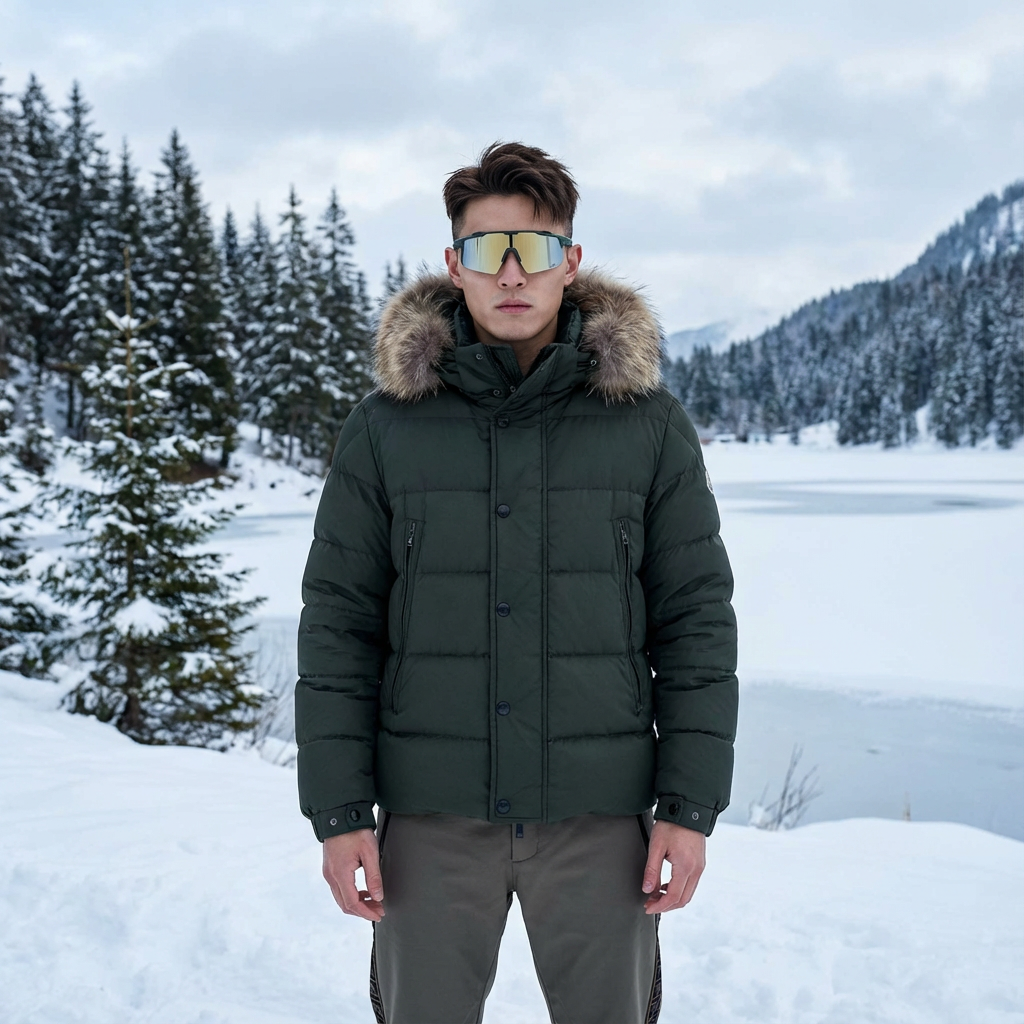 Man met Alpix sportbril en winterjas in sneeuwlandschap met bevroren meer op achtergrond.