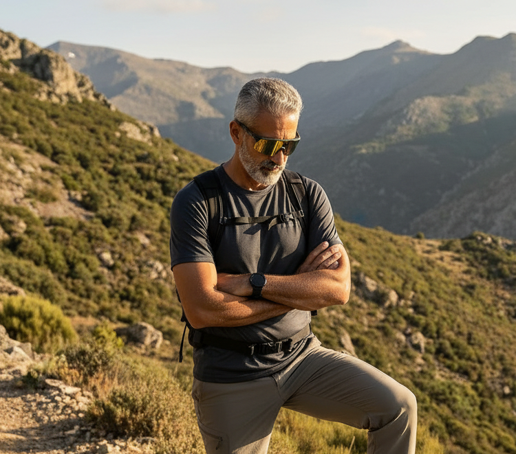 Man in natuur aan het wandelen met alpix eyewear speedlens