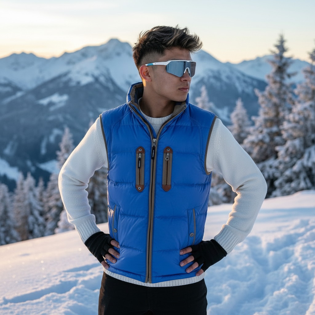 Man past zijn Alpix sportbril aan in een besneeuwd berggebied tijdens wintersport.